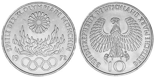 Германия, 10 марок 1972 год, XX Олимпийские игры в Мюнхене, Огонь