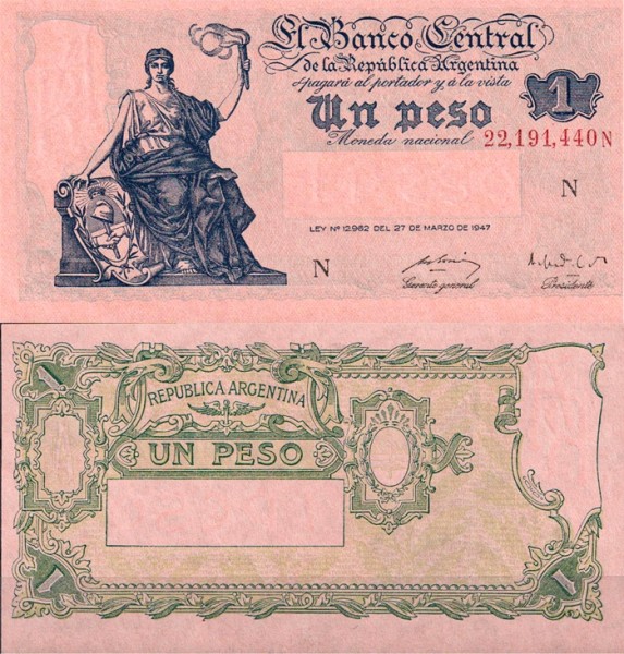 Аргентина 1 песо 1948-1951 (UNC Pick 257) серия N
