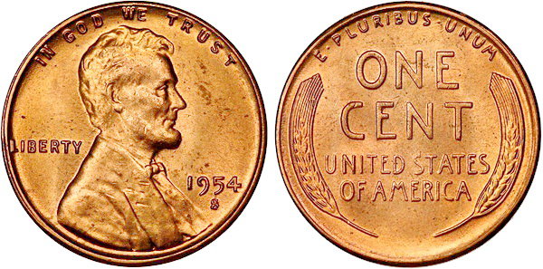 США, 1 цент 1954-S год, UNC