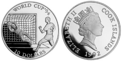 Острова Кука, 10 долларов 1992 год, ЧМ по футболу в США, ПРУФ