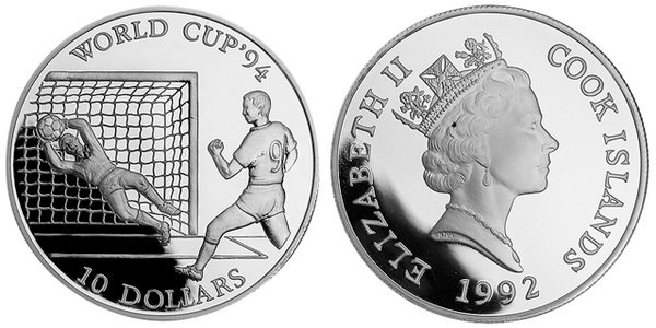 Острова Кука, 10 долларов 1992 год, ЧМ по футболу в США, ПРУФ