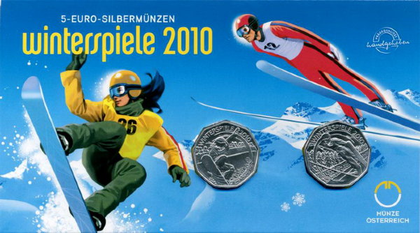 Австрия, 5 евро 2010 год, XXI Олимпийские игры в Ванкувере, Буклет, 2 шт