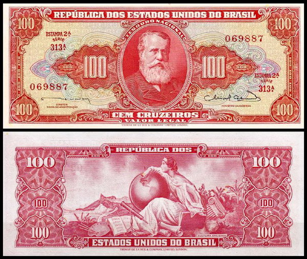 Бразилия 100 крузейро 1963 (UNC Pick 180)