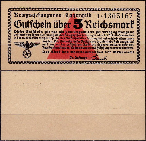 Германия 5 марок 1939-1945 UNC Для лагерей военнопленных