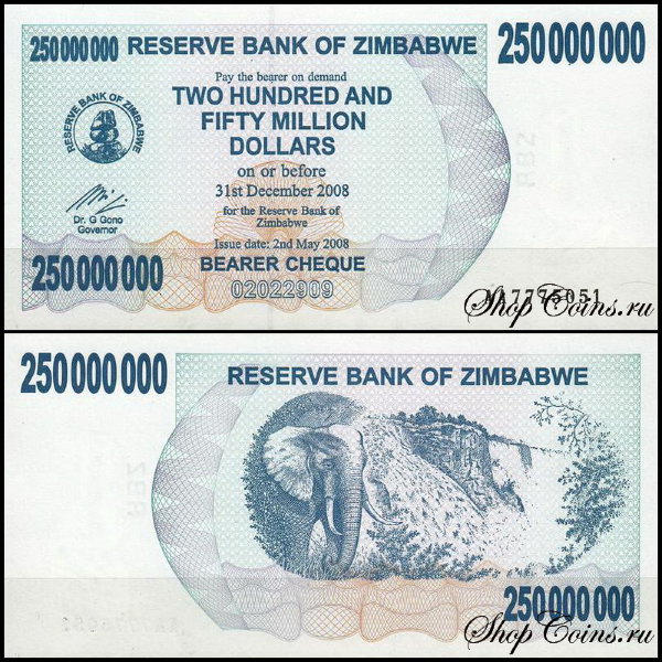 Зимбабве 250 000 000 долларов 2008 (UNC Pick 59)
