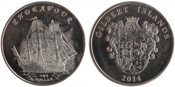 Гилберта острова, 1 доллар 2014 год, Парусник «Endeavour», UNC