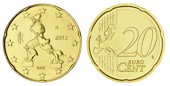 Италия, 20 центов 2012 (UNC, латунь)