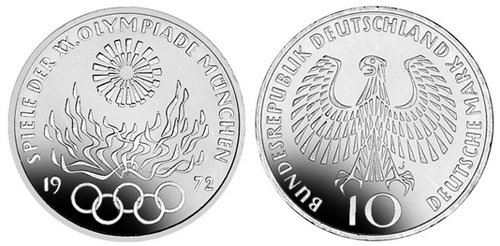 Германия, 10 марок 1972 год, XX Олимпийские игры в Мюнхене, Огонь, ПРУФ