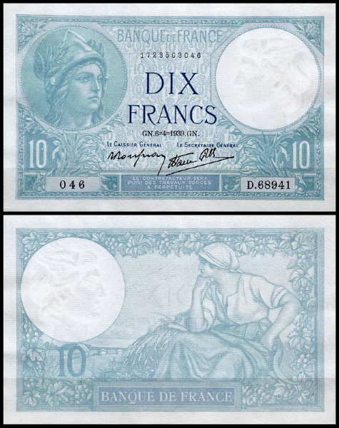 Франция 10 франков 1939 (UNC Pick 84)