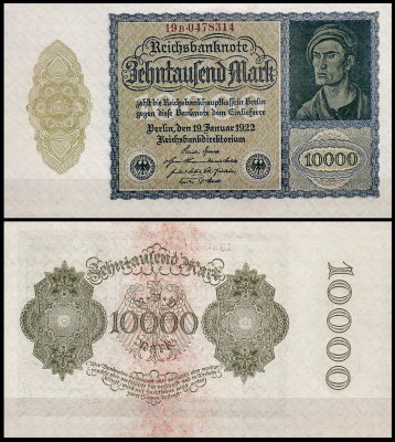 Германия 10000 марок 1922 UNC P.72 7-значный номер
