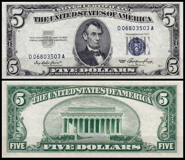 США 5 долларов 1953 (UNC Pick 417) Silver Certificate