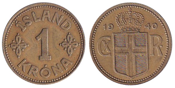 Исландия, 1 крона 1940 год