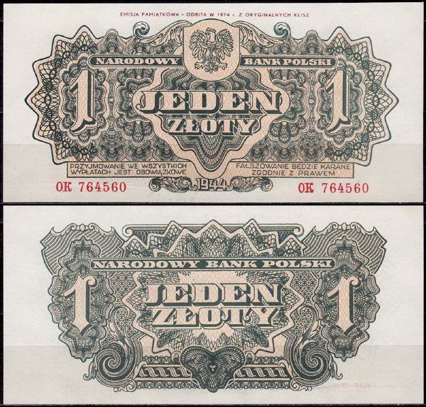 Польша 1 злотый 1944 (UNC Pick 105b)
