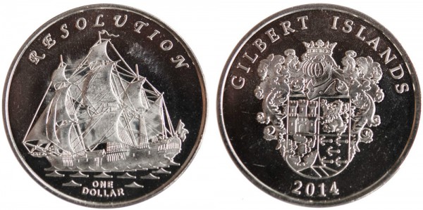 Гилберта острова, 1 доллар 2014 год, Парусник «Resolution», UNC
