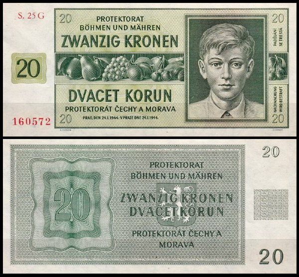 Богемия и Моравия 20 крон 1944 (UNC Pick 9)