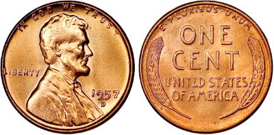 США, 1 цент 1957-D год, UNC