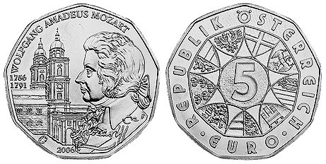Австрия, 5 евро 2006 год, Вольфганг Амадей Моцарт