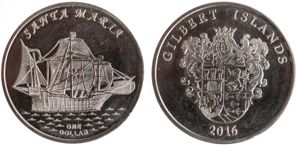 Гилберта острова, 1 доллар 2016 год, Парусник «Santa Maria», UNC