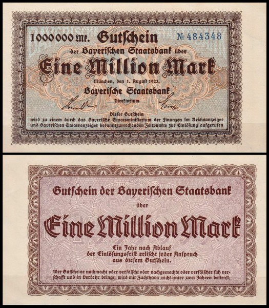 Бавария 1.000.000 марок 1923 (UNC Ro BAY218)