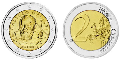 Италия, 2 евро 2014 год, Галилео Галилей