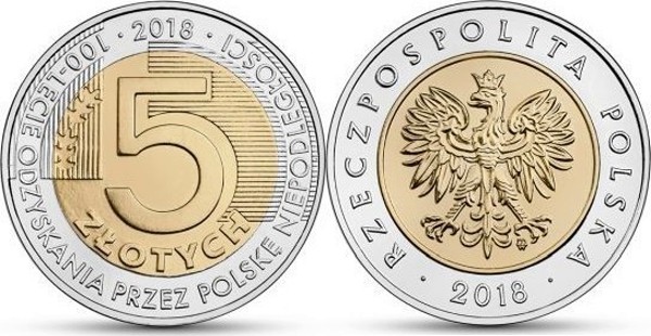 Польша 5 злотых 2018 год 100 лет независимости 