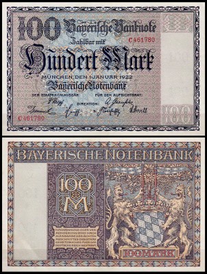 Бавария 100 марок 1922 (UNC Pick S923)