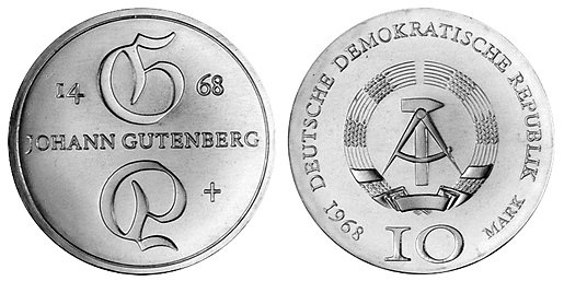 ГДР, 10 марок 1968 год, Иоганн Гутенберг