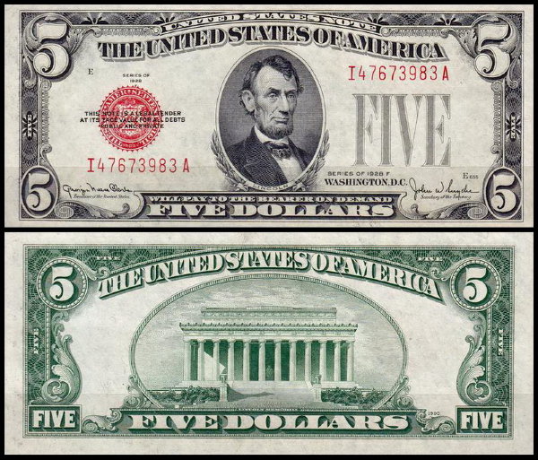 США 5 долларов 1928F (AUNC Pick 379f) United States Note