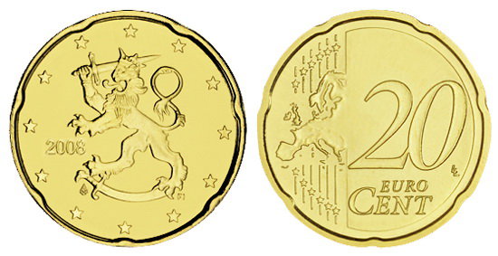 Финляндия, 20 центов 2008 (UNC, латунь)