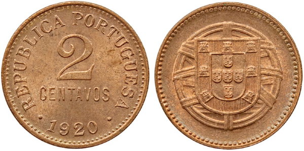 Португалия, 2 сентаво 1920 год, UNC