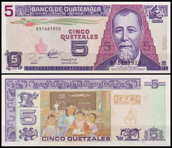 Гватемала 5 кетцалей 1993-1995 (UNC Pick 88) Printer CBNC