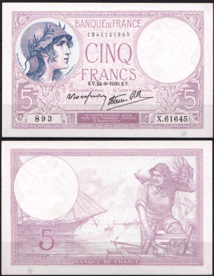 Франция 5 франков 1939 (UNC Pick 83)
