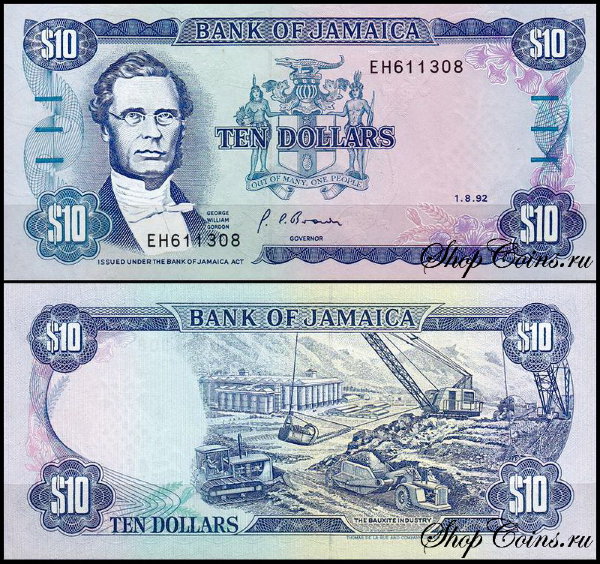 Ямайка 10 долларов 1992 (UNC Pick 71d)