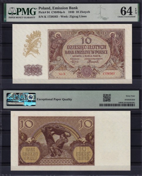 Польша 10 злотых 1940 (UNC Pick 94) PMG-64