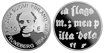 Финляндия, 10 евро 2004 год, Иоган Людвиг Рунеберг, ПРУФ