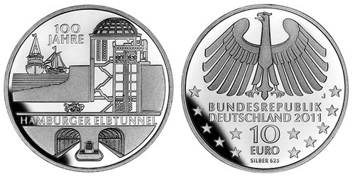 Германия, 10 евро 2011 100 лет открытия тоннеля под Эльбой в Гамбурге