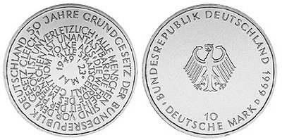 Германия, 10 марок 1999 год, 50 лет Конституции ФРГ