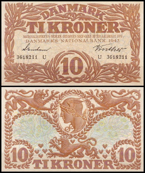Дания 10 крон 1943 (UNC Pick 31)