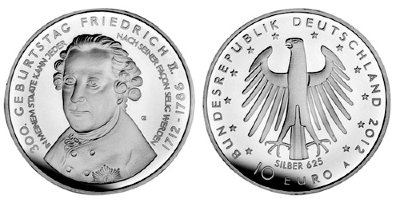Германия, 10 евро 2012 A (PROOF) 300 лет со дня рождения короля Пруссии Фридриха II Великого