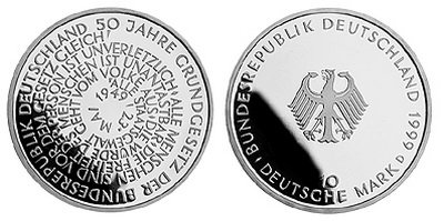 Германия, 10 марок 1999 год, 50 лет Конституции ФРГ, ПРУФ