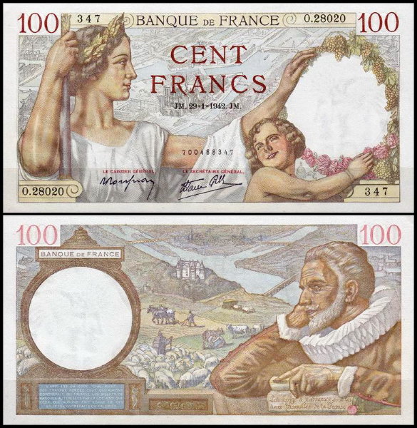 Франция 100 франков 1942 (UNC Pick 94)