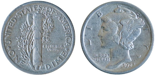 США, 10 центов 1923 год, VF №3