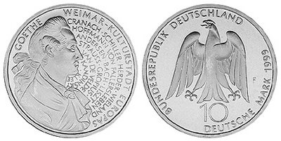 Германия, 10 марок 1999 год, Иоганн Вольфганг Гёте