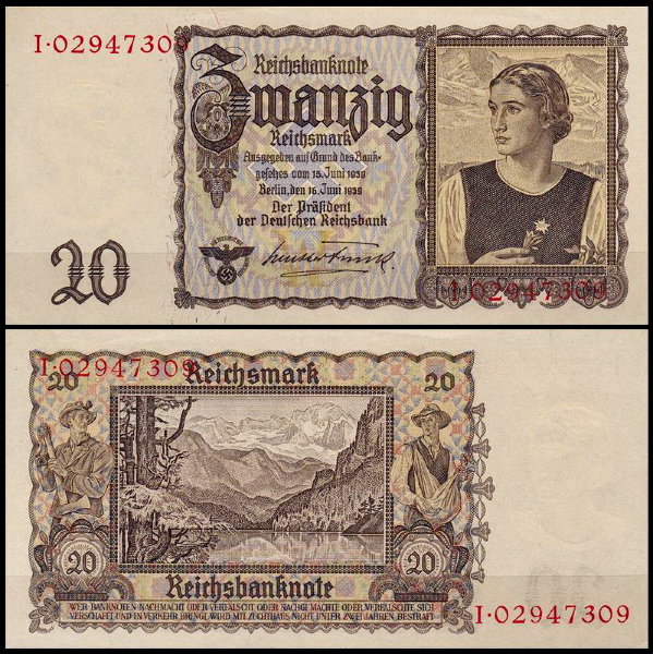 Германия 20 марок 1939 АUNC P.185