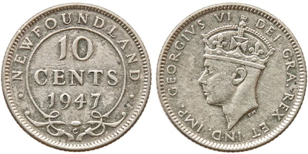 Ньюфаундленд, 10 центов 1947 год, XF