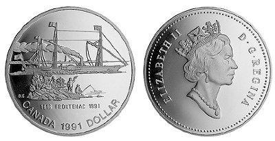 Канада, 1 доллар 1991 год, Первое плавание парохода «Фронтенак», ПРУФ