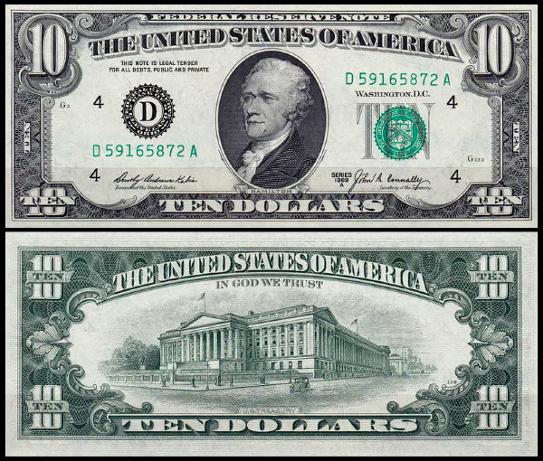 США 10 долларов 1969A (UNC Pick 451b) Federal Reserve Note