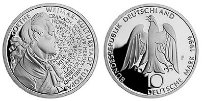 Германия, 10 марок 1999 год, Иоганн Вольфганг Гёте, ПРУФ