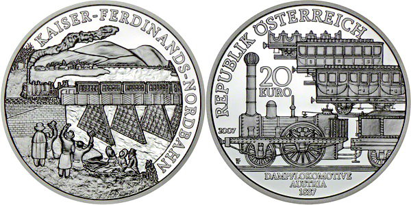 Австрия, 20 евро 2007 год, Железная дорога императора Фердинанда, ПРУФ