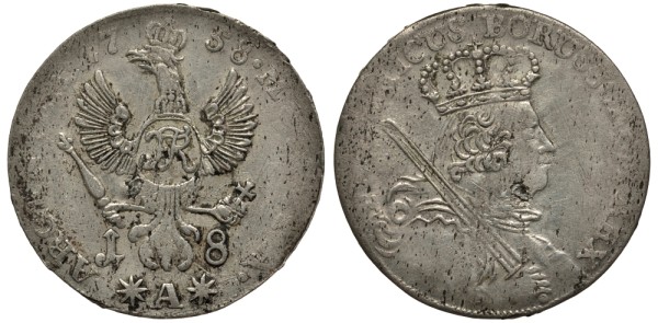 ПРУССИЯ 18 ГРОШЕЙ 1758 А, ФРИДРИХ II (1740-1786)